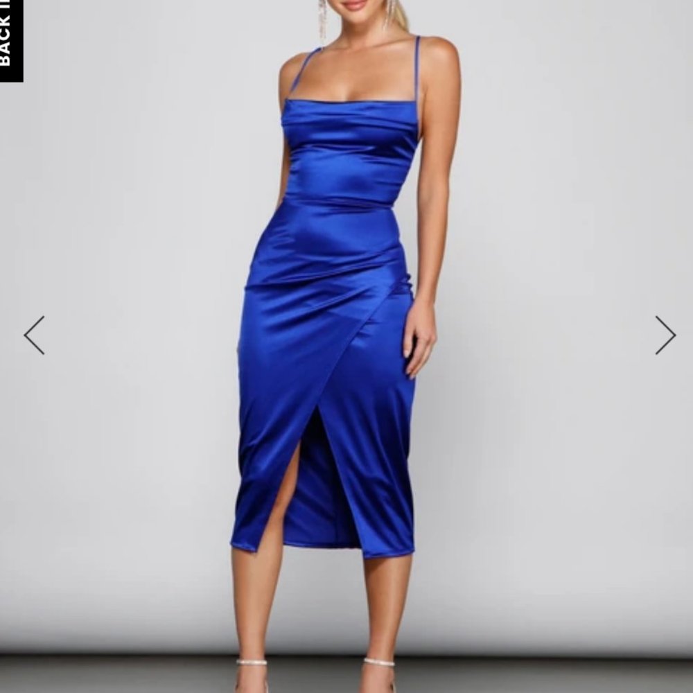 Blue Asymmetrical Windsor Satin Midi Dress